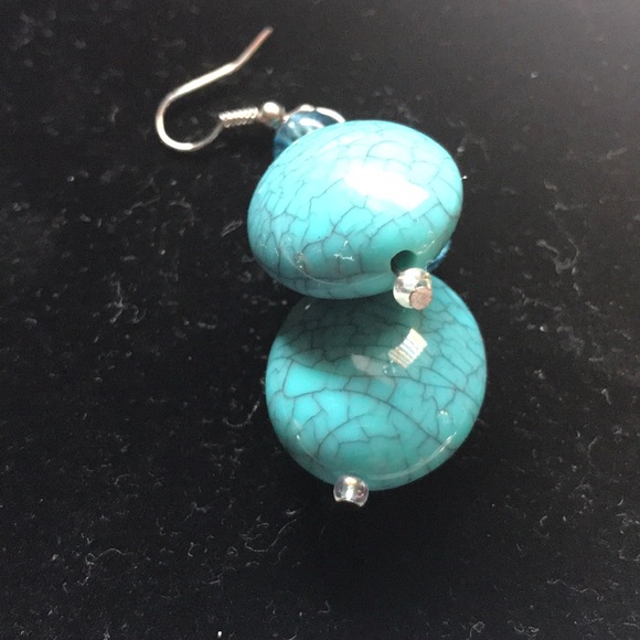 Turquoise Magnesite Stone Blue wiring dangle earring oval 2” - Picture 8 of 9